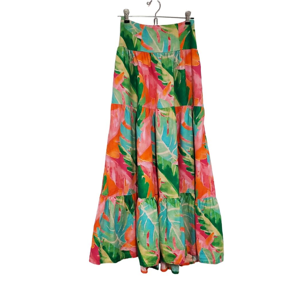 Show Me Your Mumu Linen Maxi Skirt XS Green Red Colorful Tropical Summer Boho